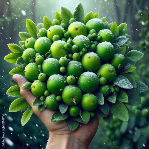 Green coffee beans on stem.    Green coffee beans growing on the tree   Healthy green food background     Green coffee beans on stem.



