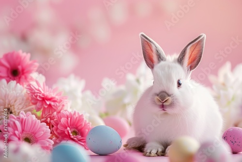Easter bunny and colorful eggs on pink background. Easter concept, sunny day