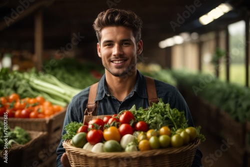 farmer holding fresh vegetables in rattan basket, agriculture, farming and harvesting concept