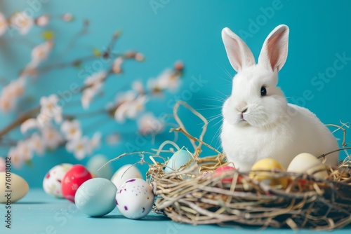 Easter bunny and colorful eggs on blue background. Easter concept, sunny day