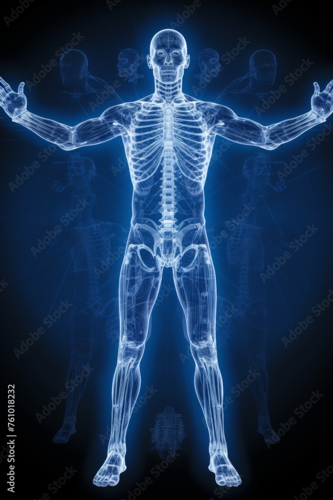 Artistic unreal depiction of human body with blue glow,stylized as x-ray image,front view Artistic unreal depiction of human body with blue glow,stylized as x-ray image,front view