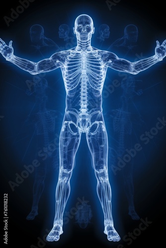 Artistic unreal depiction of human body with blue glow,stylized as x-ray image,front view © Iuliia