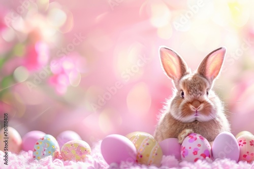 Easter bunny and colorful eggs on pink background. Easter concept, sunny day