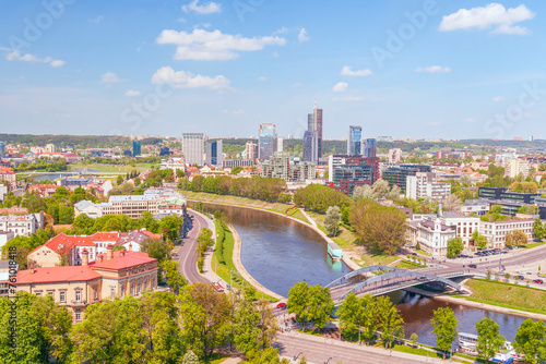 Aerial view of the Neris river and the downtown of Vilnius on a sunny spring day