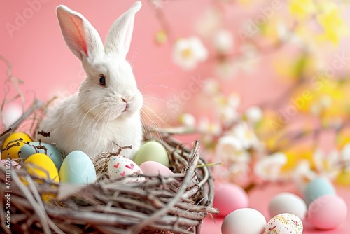 Easter bunny and colorful eggs on pink background. Easter concept, sunny day