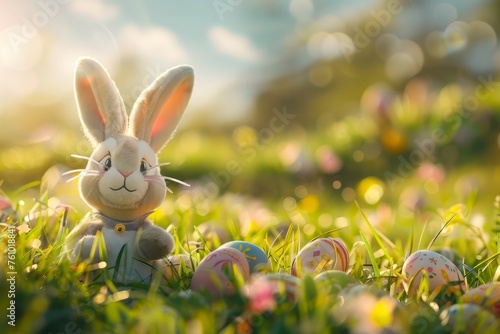 Easter bunny and colorful eggs on nature background. Easter concept.Happy Easter 2024