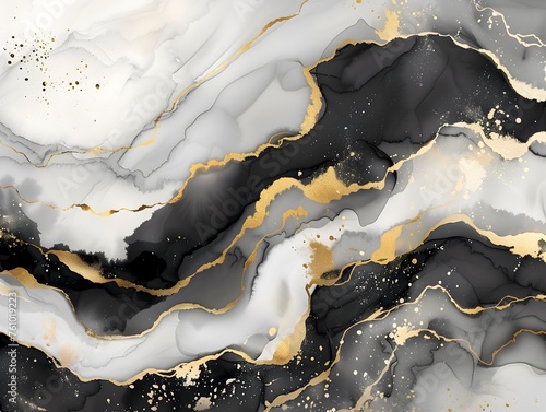 Alcohol Ink Art in Black And White with Gold Metallic Pigment