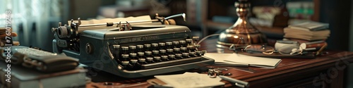 A 3D model of a classic typewriter on a writer's cluttered desk, complete with paper, ink, and a vintage lamp photo