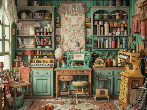 A whimsical depiction of a sewing room with animated sewing notions and fabrics