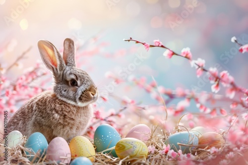 Easter bunny and colorful eggs on pink background. Easter concept, sunny day