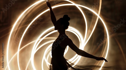 Graceful dancer amidst spirals of light capturing the beauty of movement for a dance studio advert