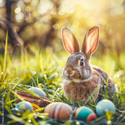 Easter bunny and colorful eggs on nature background. Easter concept.Happy Easter 2024