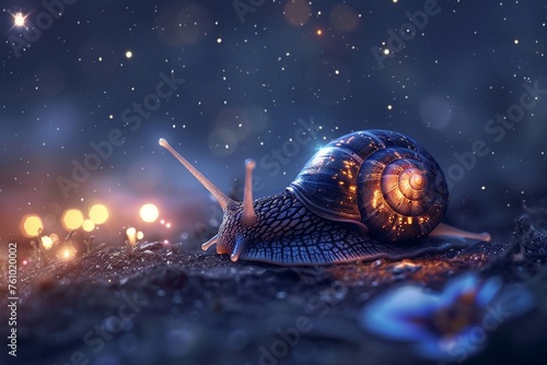 Snail with a glowing turbo engine on its shell night sky with stars magical aura