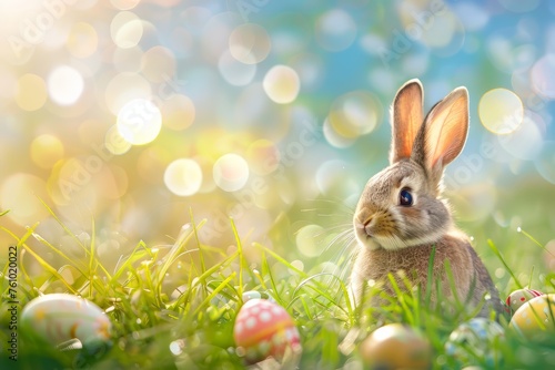 Easter bunny and colorful eggs on nature background. Easter concept.Happy Easter 2024
