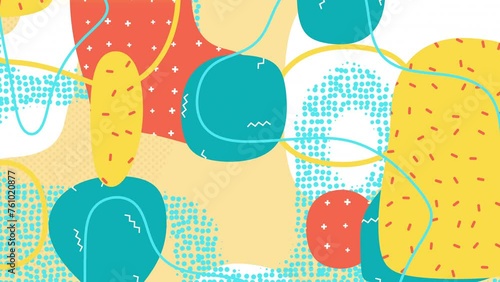 80s-90s style looping animated abstract background. Colourful moving shapes and lines with dots, plusses and zigzag symbols. Yellow, red, blue. Fun trendy Memphis Design animation. photo