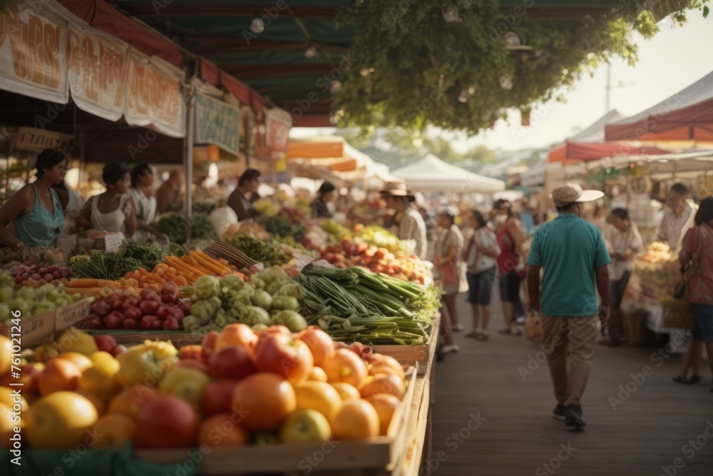 market bustling with buyers and filled with fresh summer vegetables and fruits market bustling with buyers and filled with fresh summer vegetables and fruits