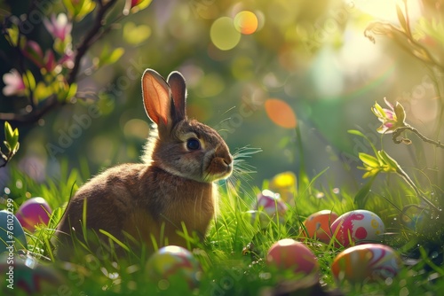 Easter bunny and colorful eggs on nature background. Easter concept.Happy Easter 2024