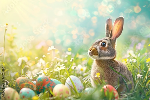 Easter bunny and colorful eggs on nature background. Easter concept.Happy Easter 2024