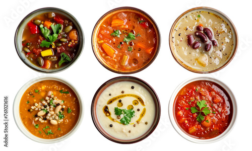 Set of six different kinds of soup isolated on transparent background. Top View