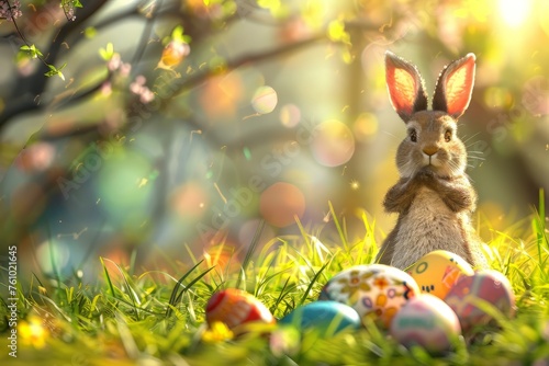Easter bunny and colorful eggs on nature background. Easter concept.Happy Easter 2024