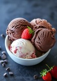 Close-up of ice cream with strawberries in white bowl