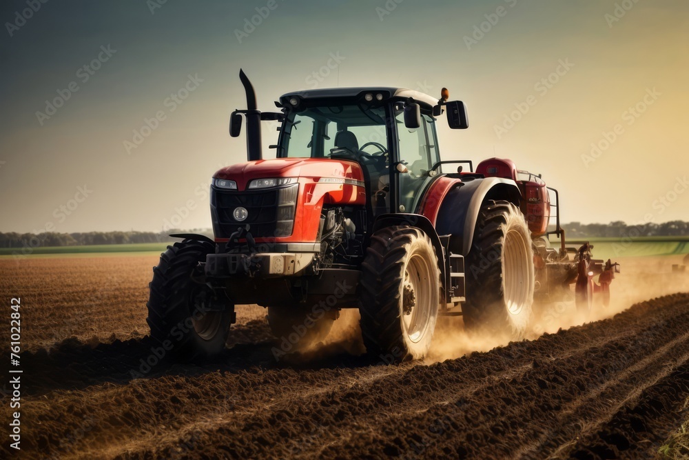 Obraz premium Farmer plow fields with tractor machines, agriculture, farming and harvesting concept