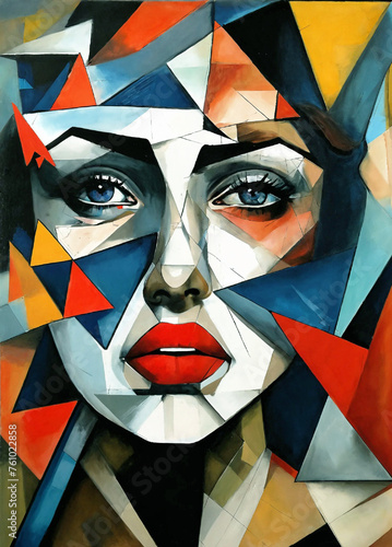 Abstract paining art face portrait as a cubism art.cubism female portrait face with triangles circles and squares. Concept of creative shapes graphics with textured geometric shapes. Geometric face. 
