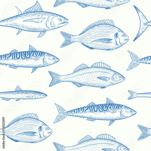 Seamless pattern with sea fishes species. Seafood fish. Vector illustration in retro engraving style.