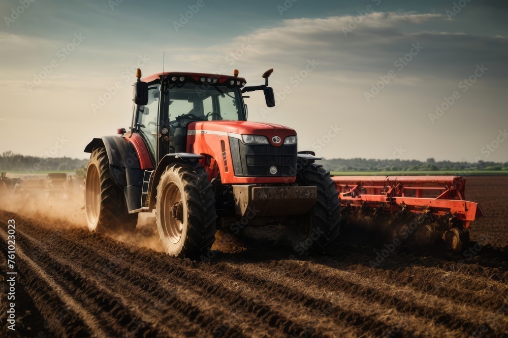Fototapeta premium Farmer plow fields with tractor machines, agriculture, farming and harvesting concept