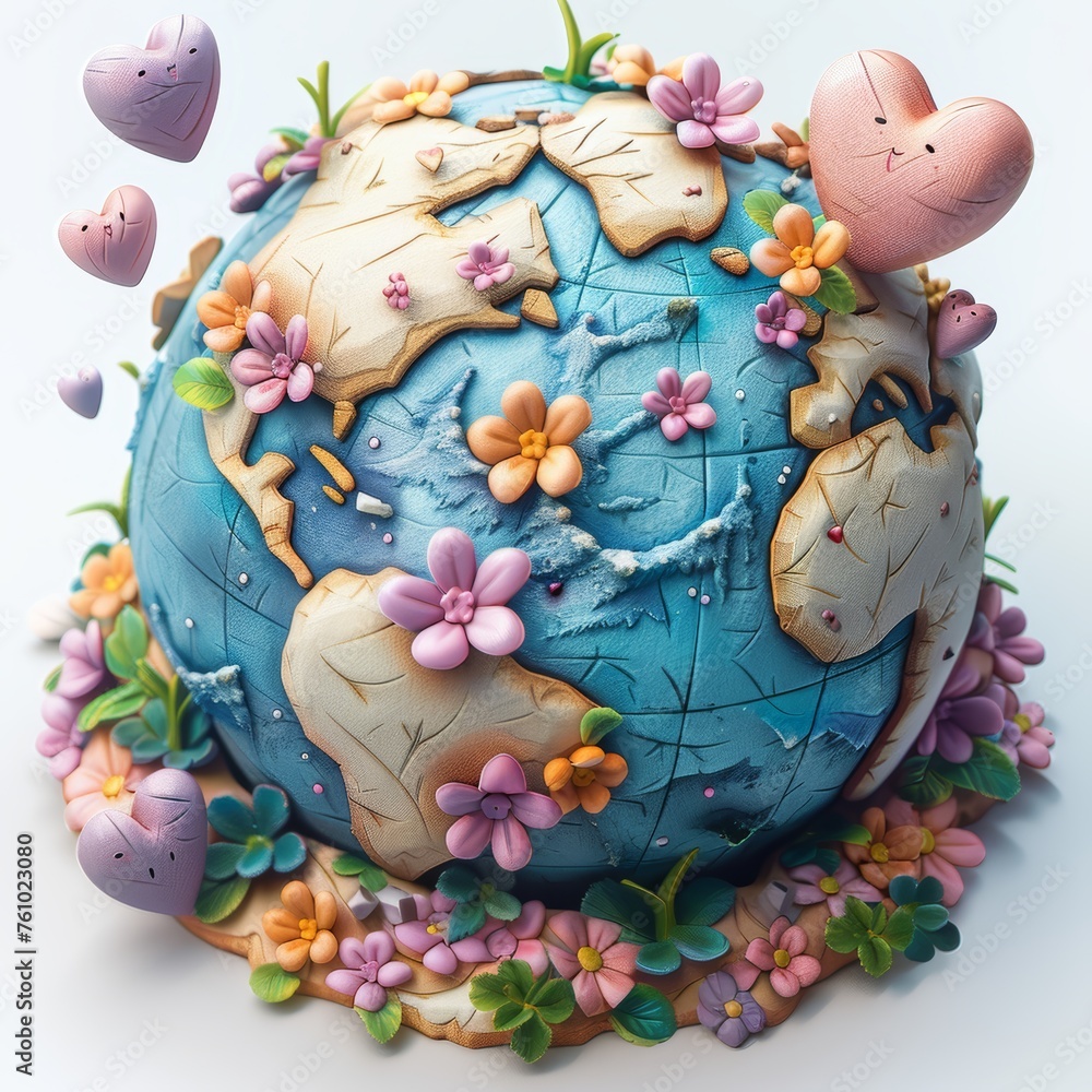 Planet earth with flowers and hearts on white background.