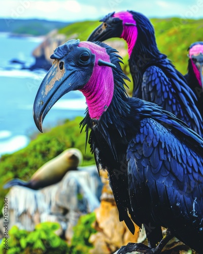 Vibrant Pink and Black Vulturine Birds with Seals on Coastal Cliffs  Colorful Wildlife and Marine Life Interaction