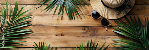 sunglasses and a straw hat on a wooden background with palm leaves, generative AI