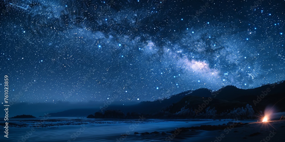 Majestic Milky Way galaxy illuminating the night sky over a serene beach with gentle waves, capturing the awe of the cosmos