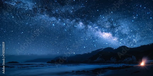 Majestic Milky Way galaxy illuminating the night sky over a serene beach with gentle waves, capturing the awe of the cosmos