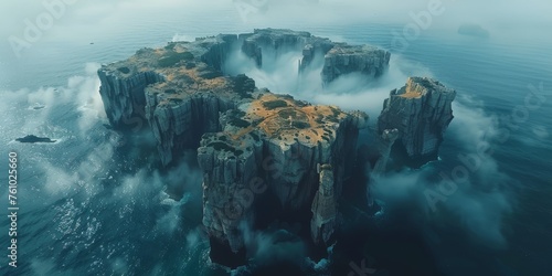 Mysterious island surrounded by mist and crashing waves, highlighting the rugged beauty and isolation of this remote landform in the ocean photo