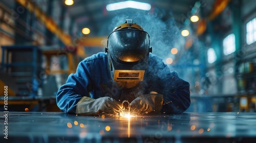 a professional masked welder in uniform working on a metal sculpture at a table in an industrial fabric factory in front of a few other workers.