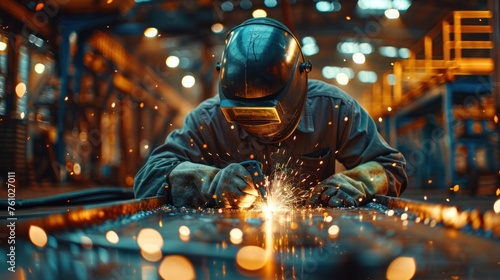 a professional masked welder in uniform working on a metal sculpture at a table in an industrial fabric factory in front of a few other workers. © sirisakboakaew