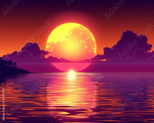 Fantasy landscape with a giant rising moon over calm ocean waters and a vibrant sunset sky