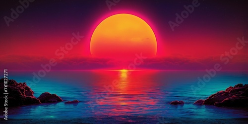 Surreal red sun setting over a calm ocean with rocky outcrops under a vibrant sky