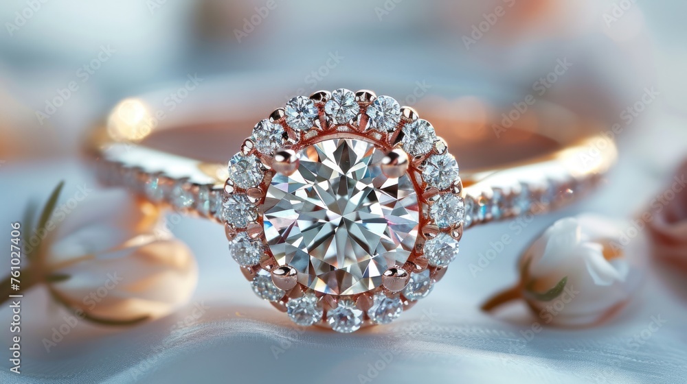 Fototapeta premium Vintage diamond engagement ring, white background product photography, soft lighting, beauty and fashion, wedding jewelry, rose gold