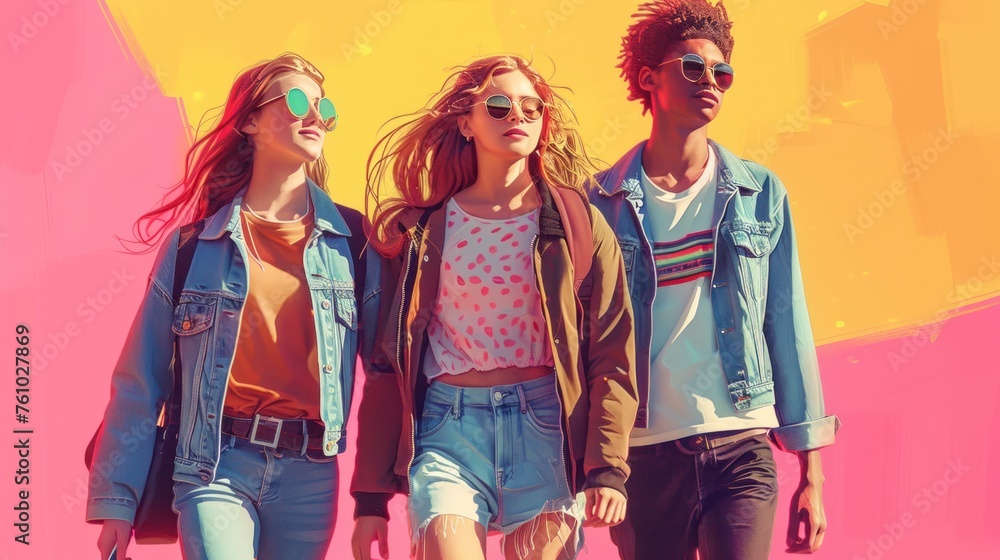 Three stylish teenagers from Generation Z walk together on a bright background. Population