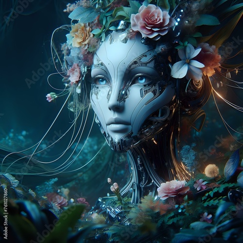 Beautiful cyborg in flower garden symbolizing era of Ai. Artificial intelligence in human life 