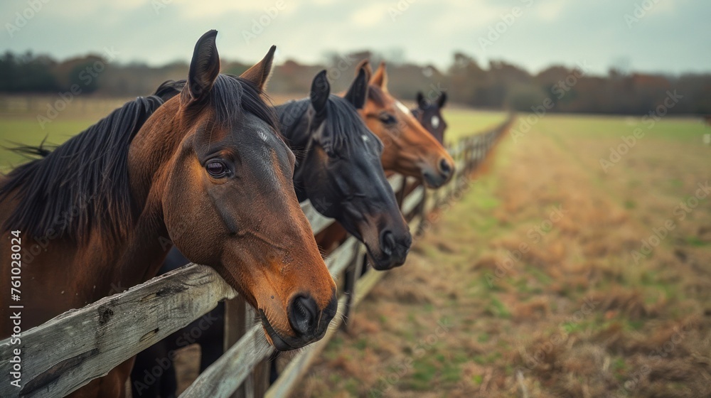 Naklejka premium horses - horses putting their heads together - equestrian group - horses on a field behind a fence