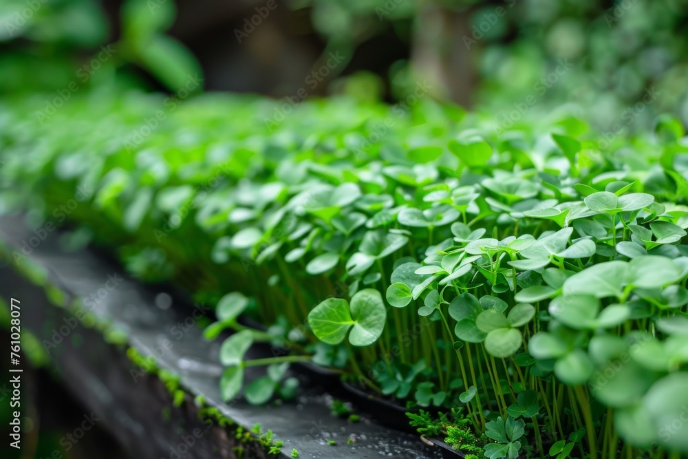 Microgreens growing in a vertical farm, efficient space use Microgreens growing in a vertical farm, efficient space use