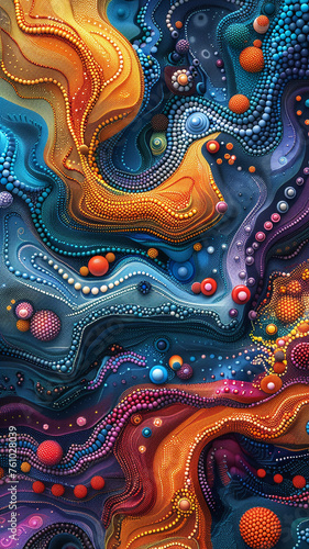 Close-up on digital vibrant dot art depicting an abstract lava flow