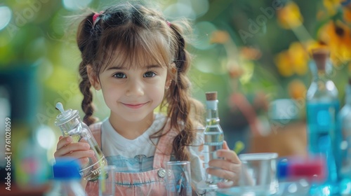 A cute little girl holds a microscope and holds a laboratory flask with a scientist testing water at school as an educational concept