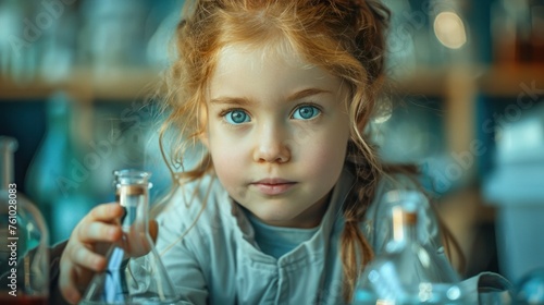 A cute little girl holds a microscope and holds a laboratory flask with a scientist testing water at school as an educational concept