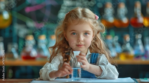 A cute little girl holds a microscope and holds a laboratory flask with a scientist testing water at school as an educational concept