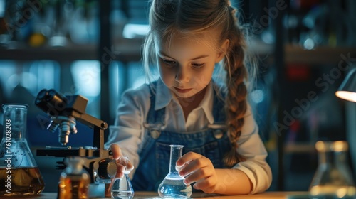A cute little girl holds a microscope and holds a laboratory flask with a scientist testing water at school as an educational concept