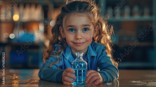 A cute little girl holds a microscope and holds a laboratory flask with a scientist testing water at school as an educational concept